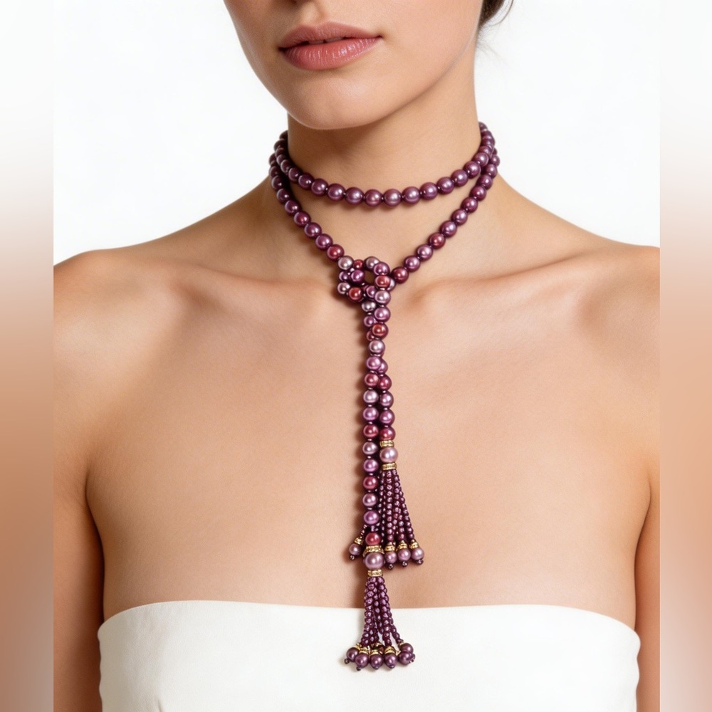 Joan Rivers Deep Purple Pearl Beaded Lariat With Rhinestones